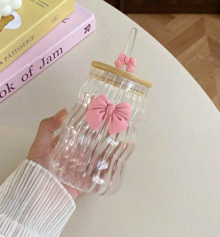 Bow Coffee Glass Mug, High Borosilicate Glass Cloud Cup, Wooden Lid Glass Mug With Straw Bow Coffee Glass Mug, High Borosilicate Glass Cloud Cup, Wooden Lid Glass Mug With Straw